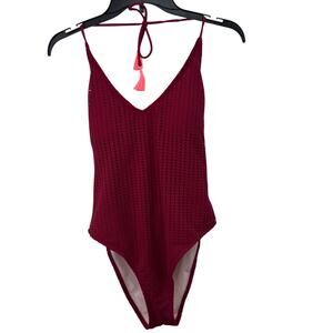 Xhilaration Swimsuit Bathing Suit L Wild Cherry Crochet Perforated Tassels NWT